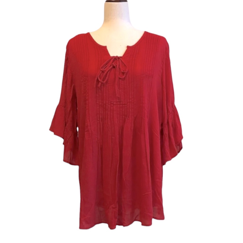 Style & Co Red Popover Blouse 3/4 Ruffle Sleeves Medium Front Tie New with Tags